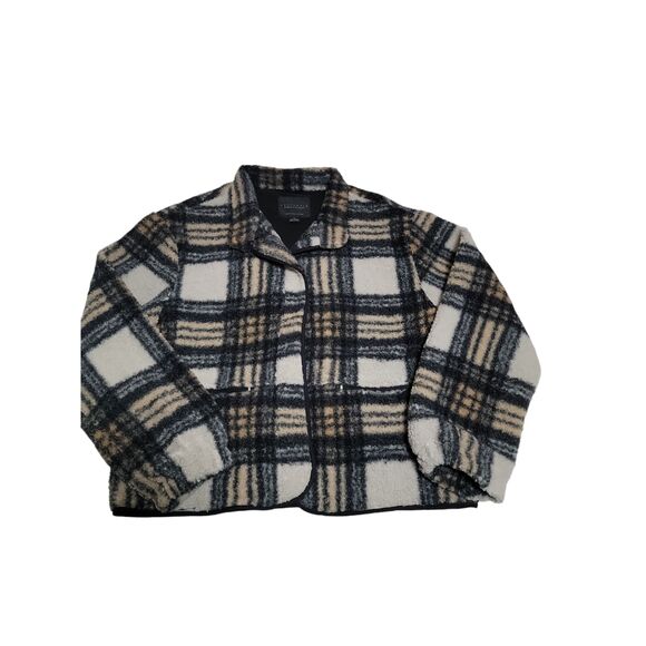 Sanctuary Toffee Plaid Faux Fur Jacket Long Sleeves Front Pockets Zipper Womens - Picture 3 of 8